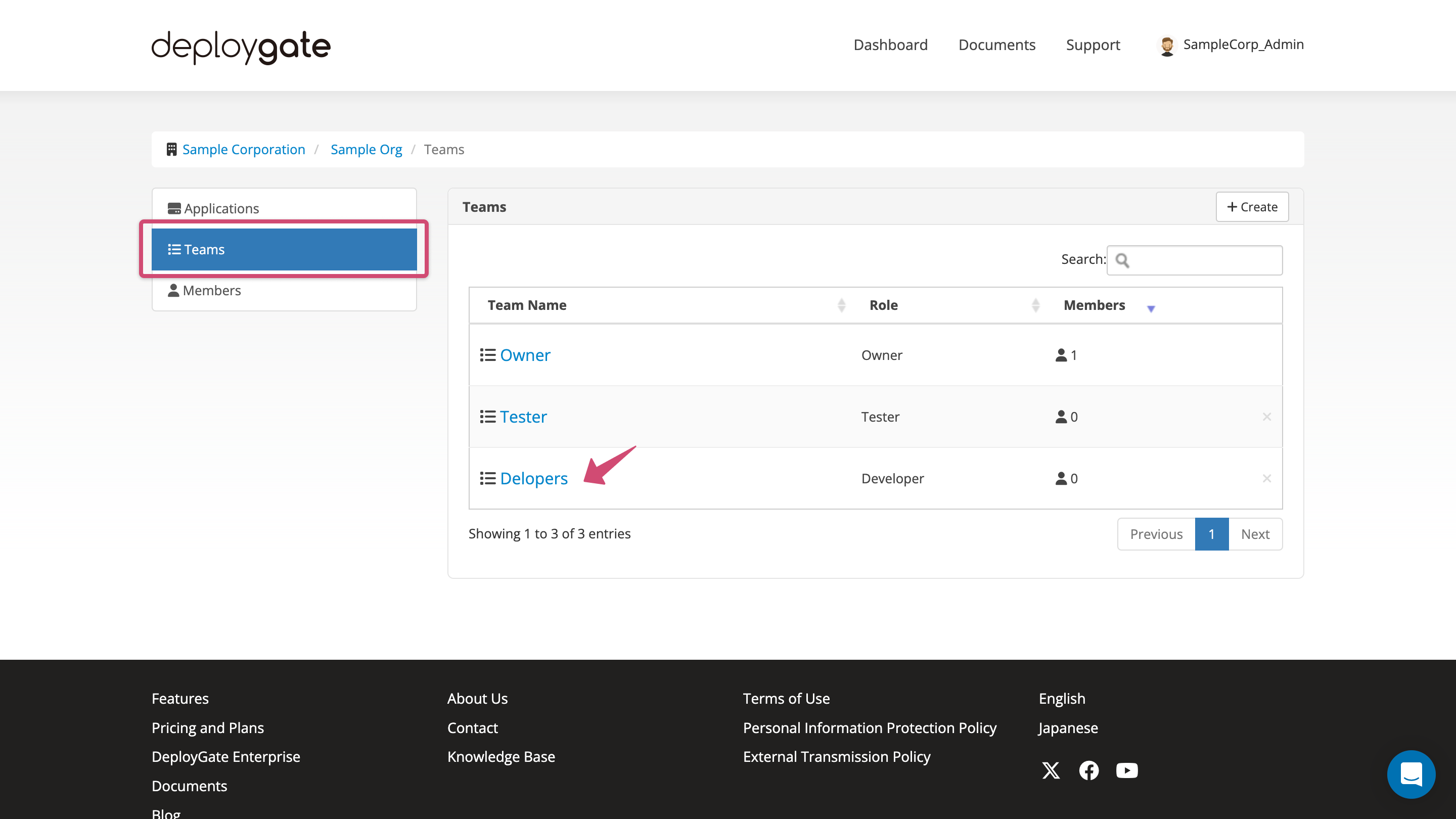 Screenshot of Team Details