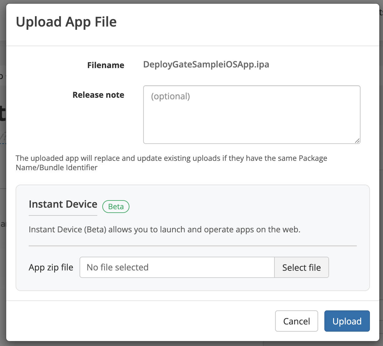 iOS Instant Device upload modal