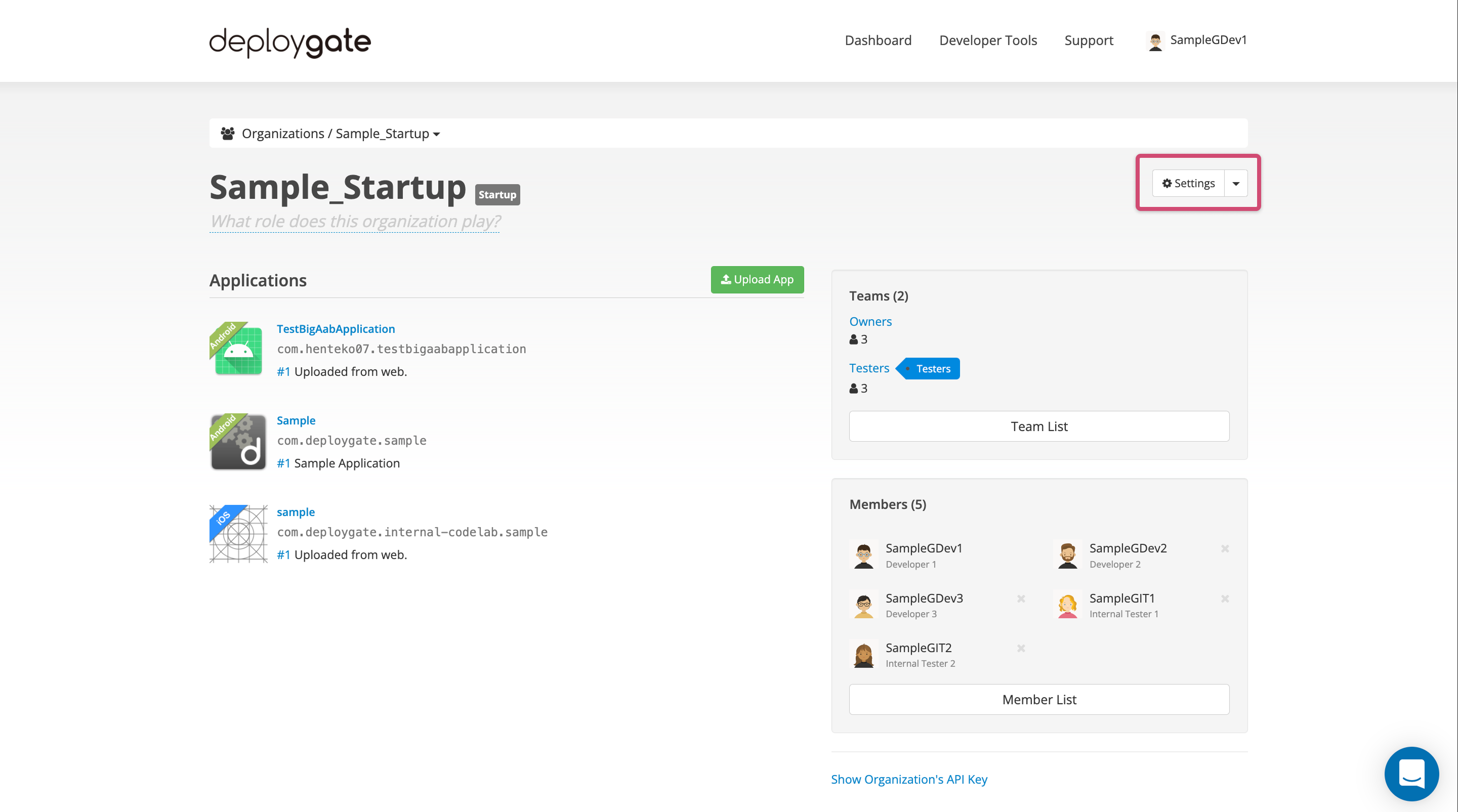 Screenshot of the Organization overall