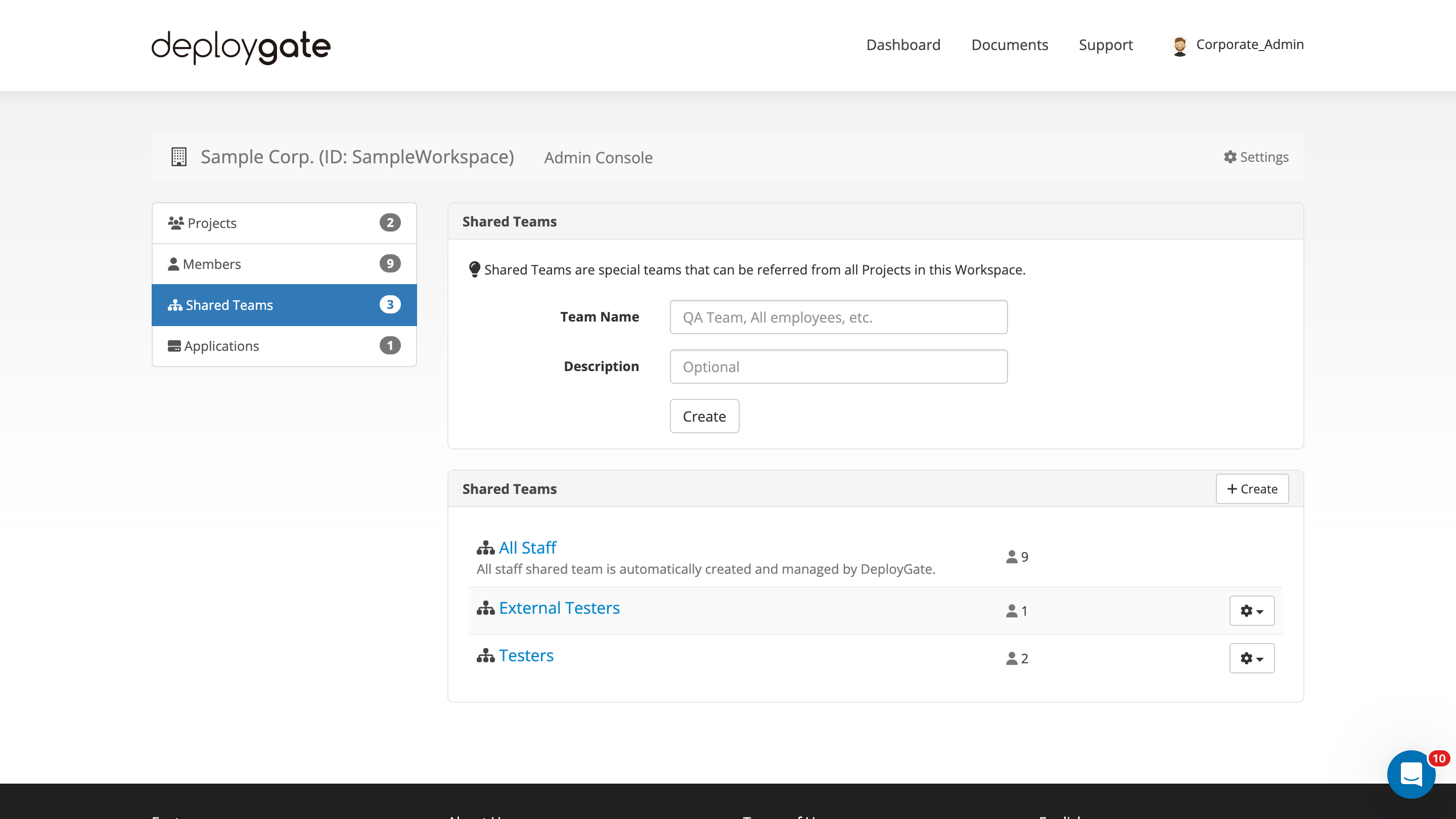 Screenshot of access to create shared team form