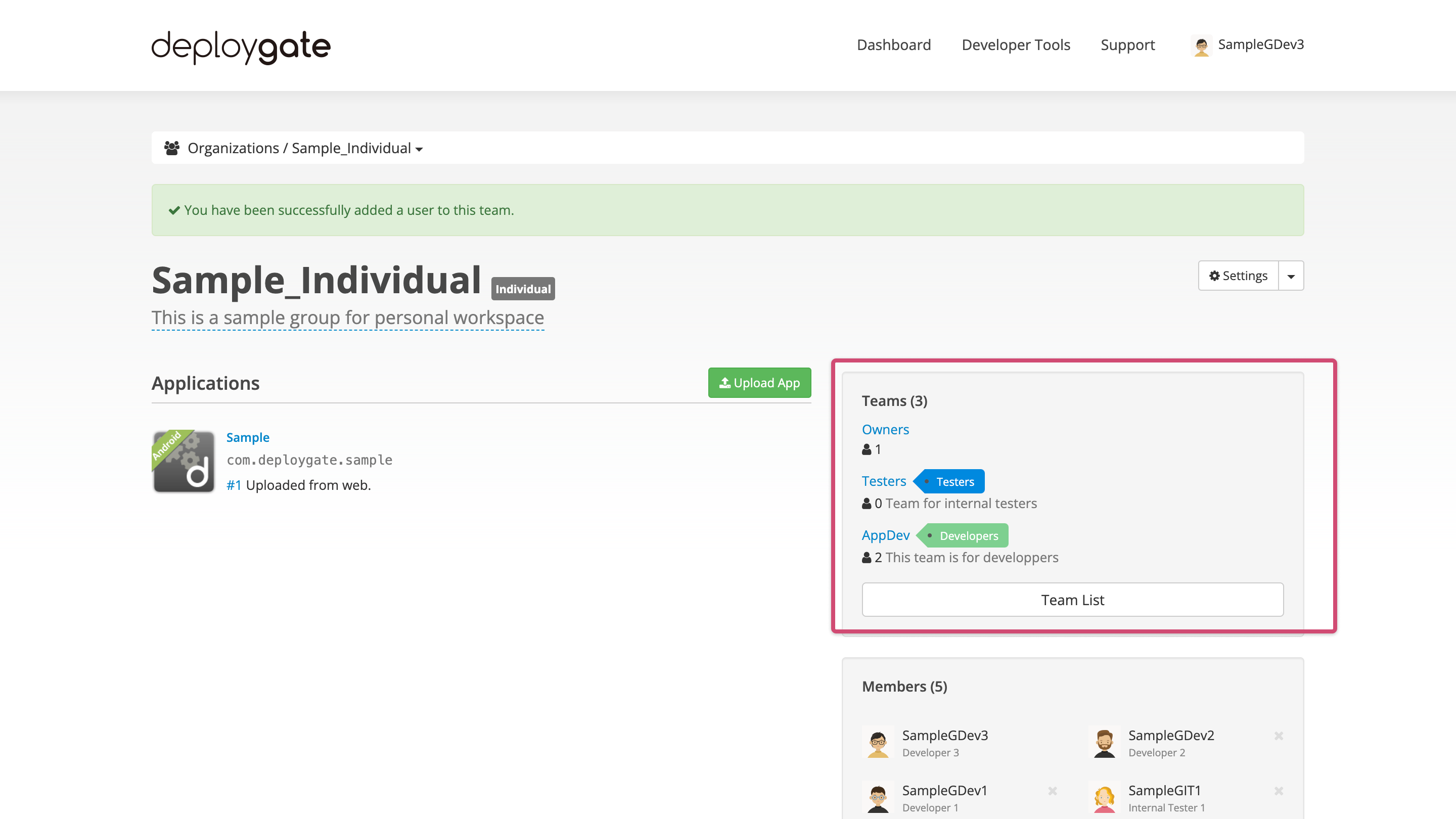 ScreenShot of Group Dashboard with Team description